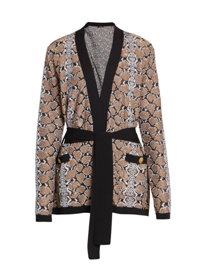 Balmain Women's Sequined Python Print Belted Cardigan In Black Camel White