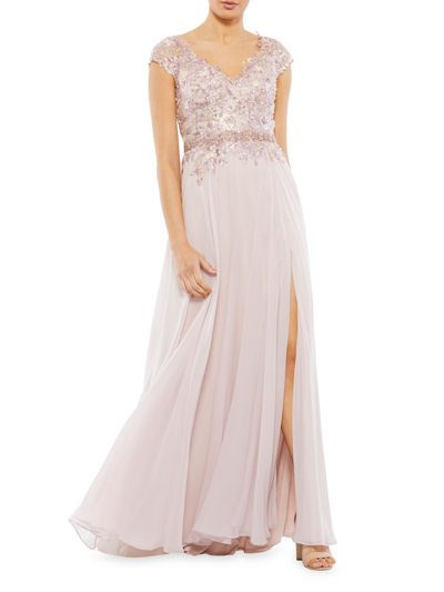 Mac Duggal Blue Embellished Chiffon Cap Sleeve A-line Gown In Us 10
