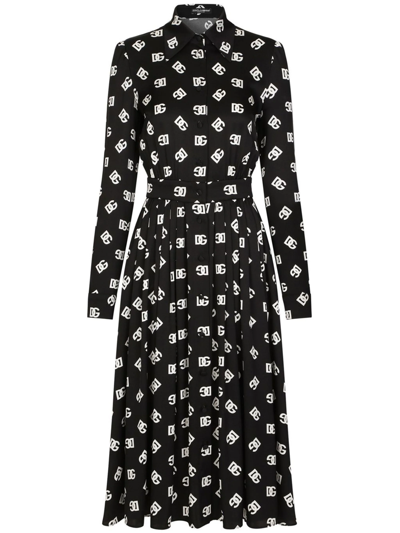Dolce & Gabbana Charmeuse Calf-length Dress With All-over Dg Print In Black