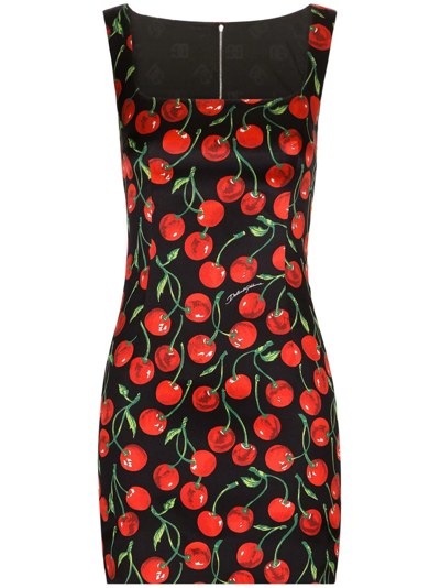 Dolce & Gabbana Short Cherry-print Satin Dress In Ciliegie_fdo_nero