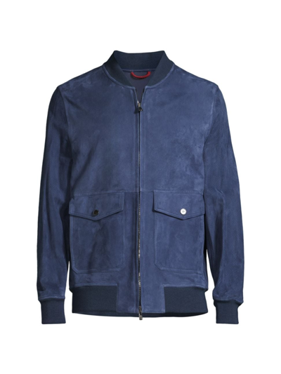 Isaia Men's Perforated Suede Bomber Jacket In Navy