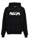 Msgm Black Hoodie With Spacious Hood And Graphic Logo In Black