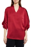 Misook Gathered Tulip Sleeve Crepe De Chine Blouse In Scarlet Red