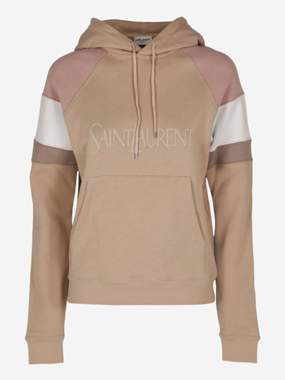 Saint Laurent Embroidered Striped Cotton-jersey Hoodie In Beige/rosa