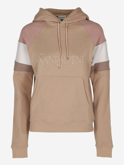 Saint Laurent Embroidered Striped Cotton-jersey Hoodie In Beige