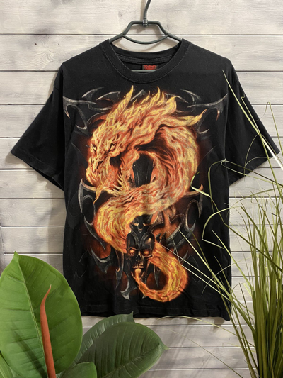 Pre-owned Rock T Shirt X Vintage T-shirt Fire Dragon Skeleton. Y2k Style. Punk In Black