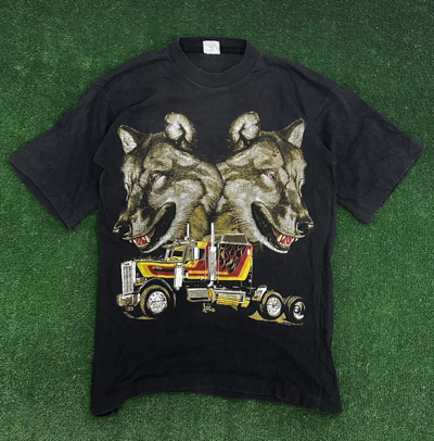 Pre-owned Vintage 90's Wild Two Wolf One Truck T-shirt Very Y2k In Faded Black
