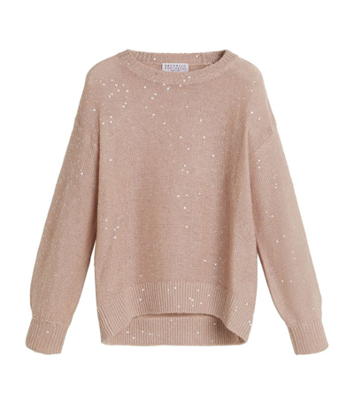 Brunello Cucinelli Kids' Tonal Sequin Linen-silk Sweater In Pink