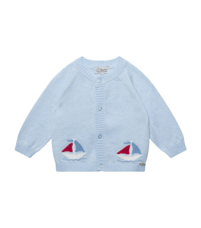 Trotters Babies' Nicholas Sail-boat Cotton And Wool-blend Cardigan 0-9 Months In Pale Blue