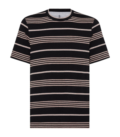 Brunello Cucinelli Striped Cotton T-shirt In C006 Black Brown