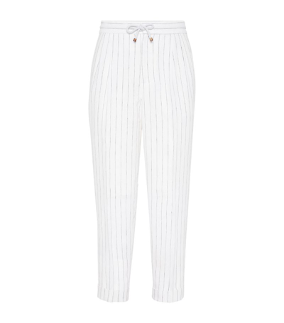 Brunello Cucinelli Tapered-leg Striped Linen Trousers In White