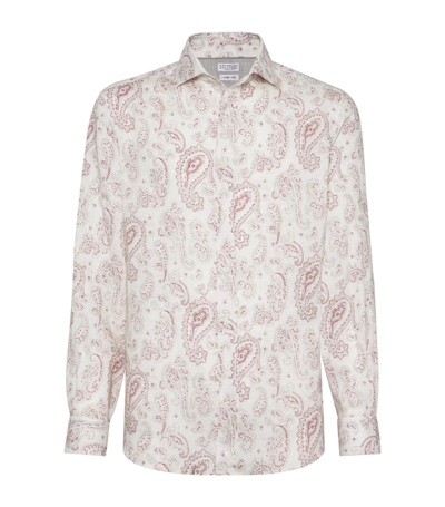 Brunello Cucinelli Men's Paisley Linen Easy Fit Shirt With Spread Collar In White,raspberry