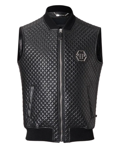 Philipp Plein Leather Vest Short "padded" In Black