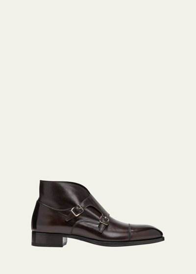 Tom Ford Men's Elkan Burnished Leather Monk-strap Ankle Boots In Bruno