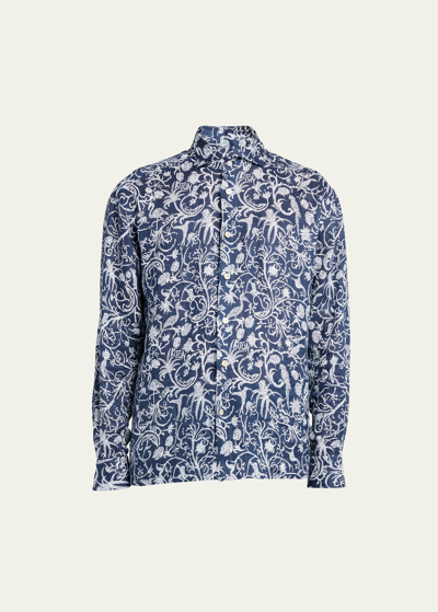 Kiton Men's Printed Linen Casual Button-down Shirt In Navy