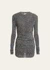 Saint Laurent Polka-dot Ruched Tulle Minidress In Bone