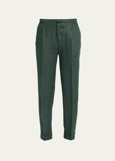 Kiton Men's Linen-stretch Pleated Pants In Grn