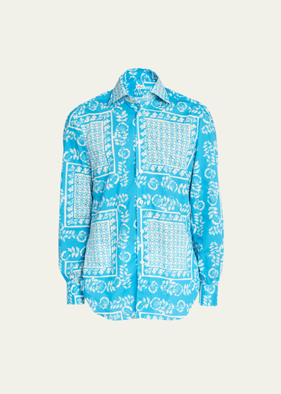 Kiton Men's Cotton Floral-print Casual Button-down Shirt In Aqua