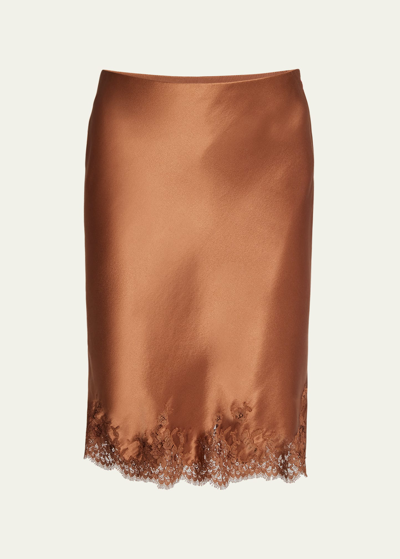 Saint Laurent Lace Trim Silk Skirt In Caramel