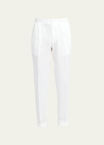 Kiton Men's Linen-stretch Pleated Pants In Wht