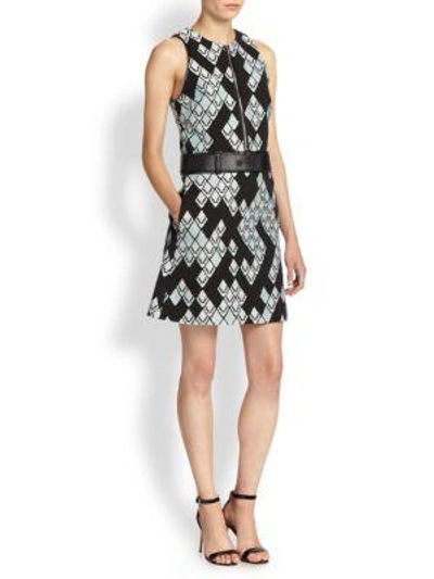 3.1 Phillip Lim Leather-belted Printed Knit Dress In Black