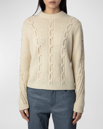 Zadig & Voltaire Morley Embellished Cable-knit Sweater In Vanille