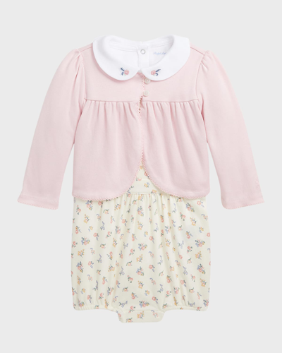 Ralph Lauren Kids' Girl's Interlock Picot Cardigan, Shortall And Bodysuit Set In Blossom Print
