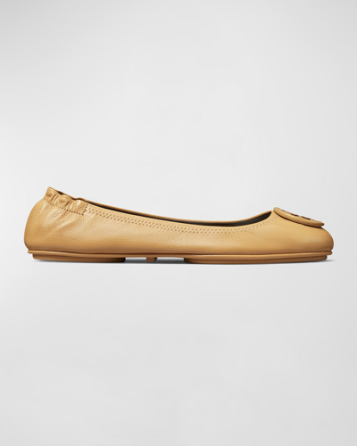 Tory Burch Minnie Leather Travel Ballerina Flats In Ginger Shortbread
