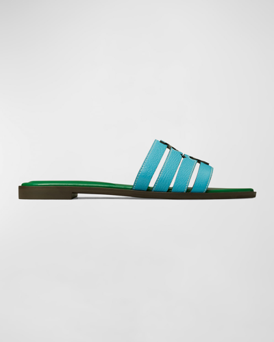 Tory Burch Ines Caged Leather Flat Slide Sandals In Skylight/ Spring Forest