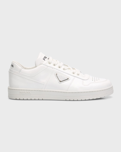 Prada Men's Downtown Patent Leather Low-top Trainers In Bianco