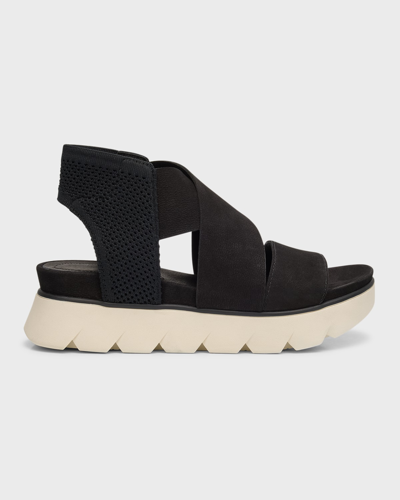 Eileen Fisher Chant Sporty Leather Wedge Sandals In Black