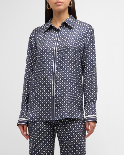 La Ligne Val Multi-pattern Button-front Silk Shirt In Navyivory