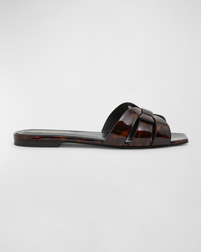 SAINT LAURENT TRIBUTE TORTOISE SHELL FLAT SLIDE SANDALS