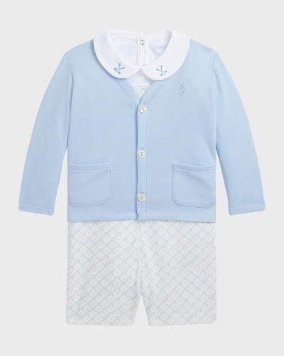 Ralph Lauren Kids' Boy's Interlock Knit Cardigan, Overalls And Bodysuit Set In Golf Club Mini Bl