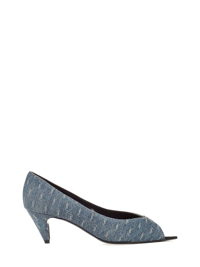 Saint Laurent Lola Monogram Denim Pumps In Blu