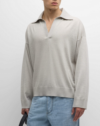 Bottega Veneta Men's Lightweight Wool Polo Sweater In Light Grey Melange