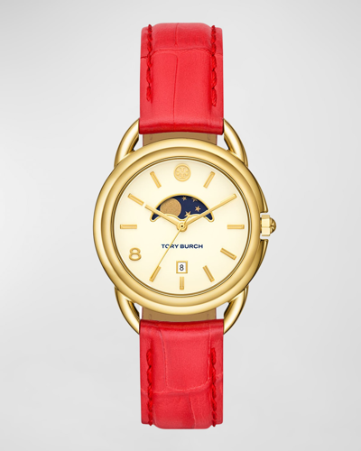 Tory Burch Miller Moon Watch With Leather Strap In Red