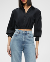 ALICE AND OLIVIA TRUDY CROPPED PLEATED BLOUSON-SLEEVE TOP