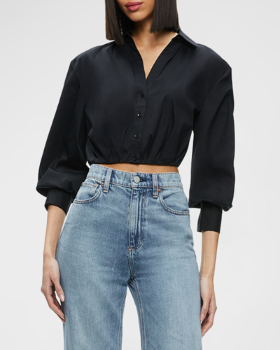 Alice And Olivia Trudy Cropped Pleated Blouson-sleeve Top In Black
