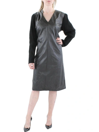 H Halston Womens Faux Leather Knee-length Cocktail And Party Dress In Grey