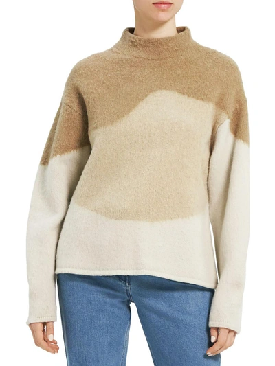 Theory Womens Wool Brushed Intarsia Mock Turtleneck Sweater In Beige