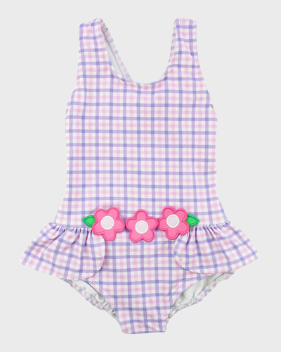 Florence Eiseman Kids' Girl's Plaid-print Swimsuit W/ Flowers In Pink/white