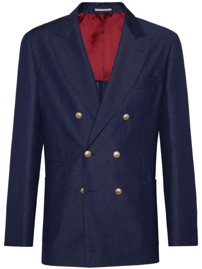 Brunello Cucinelli Double-breasted Wool-blend Blazer In Blue