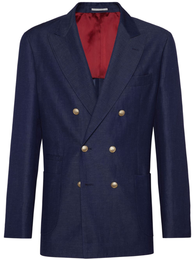 Brunello Cucinelli Double-breasted Wool-blend Blazer In Denim