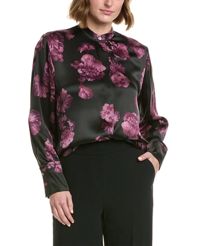 Vince Begonia Print Raw Neck Silk Blouse In Red