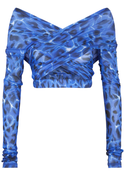 Knwls Anti Cross Over Printed Stretch-tulle Top In Blue