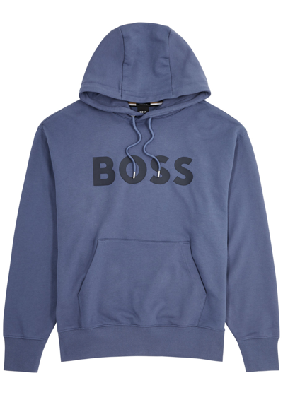 Hugo Boss Boss Logo Hooded Cotton Sweatshirt In Blue