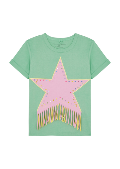 Stella Mccartney Kids Star-print Fringed Cotton T-shirt In Green