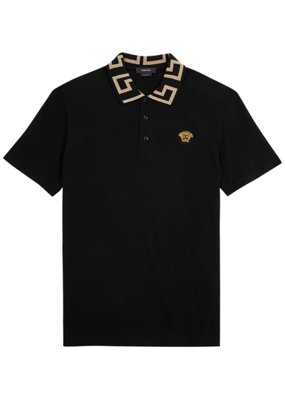 Versace Geometric Patterned Black Polo Shirt With Classic Placket