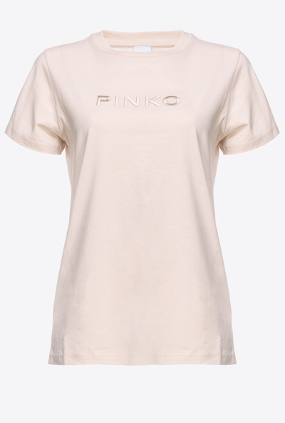 Pinko T-shirt With  Logo Embroidery In Rainy-day Beige